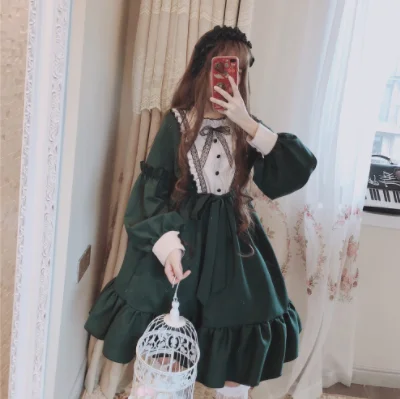 Robe gothique lolita op loli cosplay pour filles, kawaii, douce, vintage, en dentelle, nœud papillon, col rond, robe victorienne