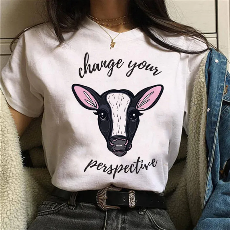 New Kawaii Women T Shirt Funny Cartoon Cow Graphic Print Tees Vegan Tshirt Cute Tshirt 90s Korean Style Top Female Shirt