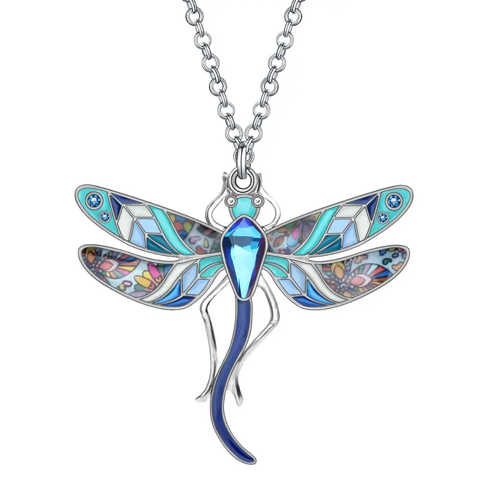 Bonsny Alloy Enamel Rhinestone Floral Dragonfly Necklace Pendant Chain Choker Insect Jewelry For Women Girl Party Gift Accessory