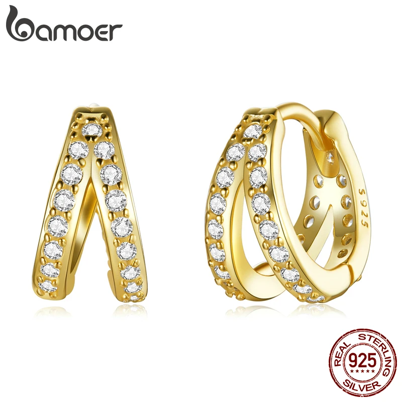 Bamoer 925 Sterling Silver Classic Geometry Earrings Women Zircon Crystal Double Rings Ear Hoop Earrings 3 Colors