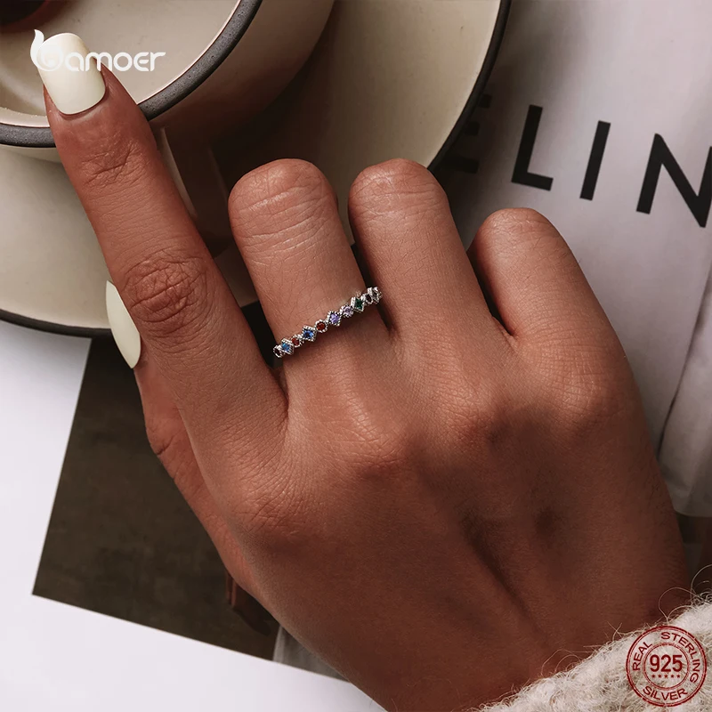 Bamoer 2021 Authentic 925 Sterling Silver Rainbow CZ Finger Rings For Women Stackable Trendy Wedding Jewelry Multi-size GXR583