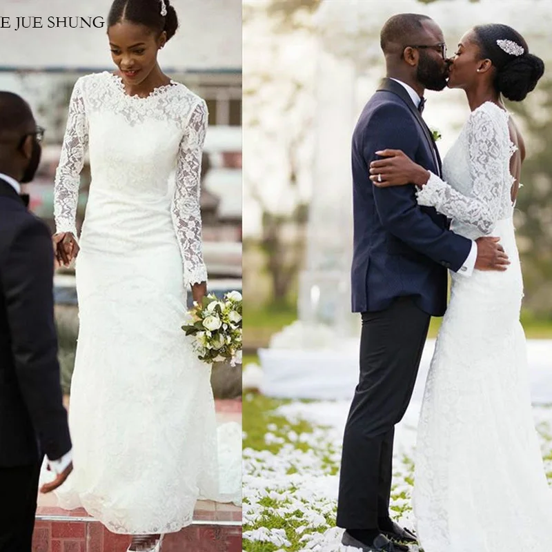 E JUE SHUNG – Robe De mariée sirène en dentelle blanche, style Boho, manches longues, dos nu, pour la plage