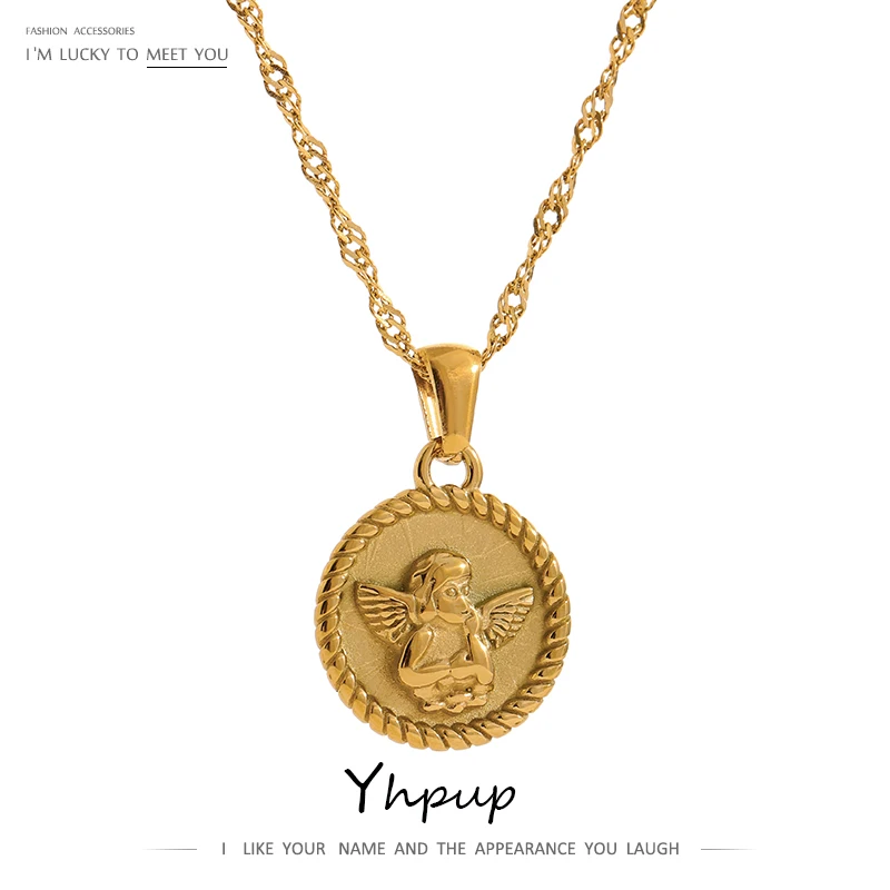 Yhpup New Stainless Steel Angel Pendant Necklace Chain Jewelry Gold 18 K Plated Round Charm Collar Accessories for Women Gift