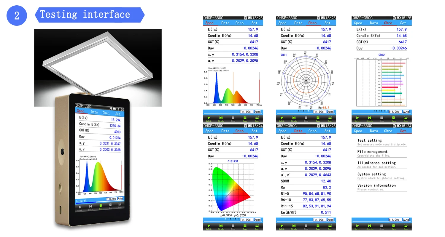 Ręczny spektrometr Hopoocolor OHSP-350C 380-780 nm spektrometr światła LED CCT CRI Lux meter