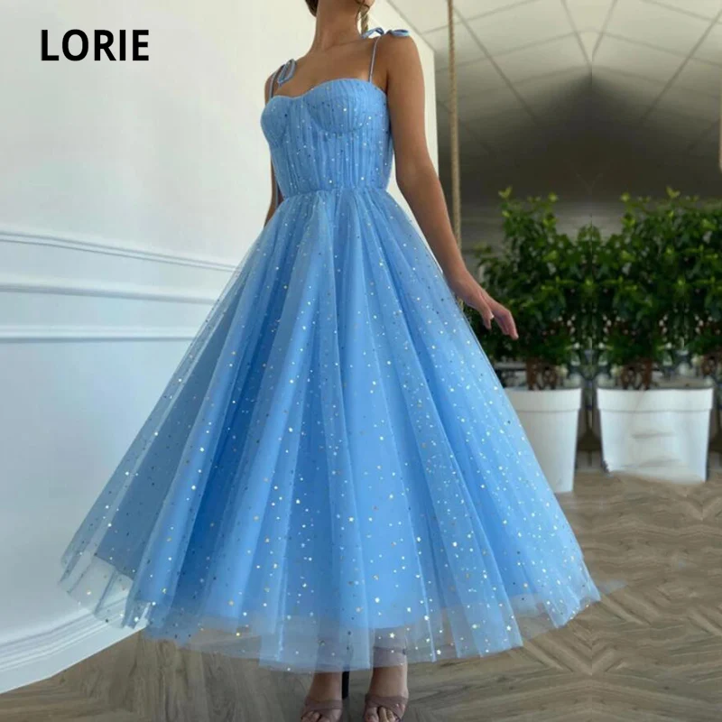 LORIE Bling Bling Prom Dresses Sweetheart Starry Sparkly Tea Length Blue Night Party Gown for Graduation Dress celebrity jurken