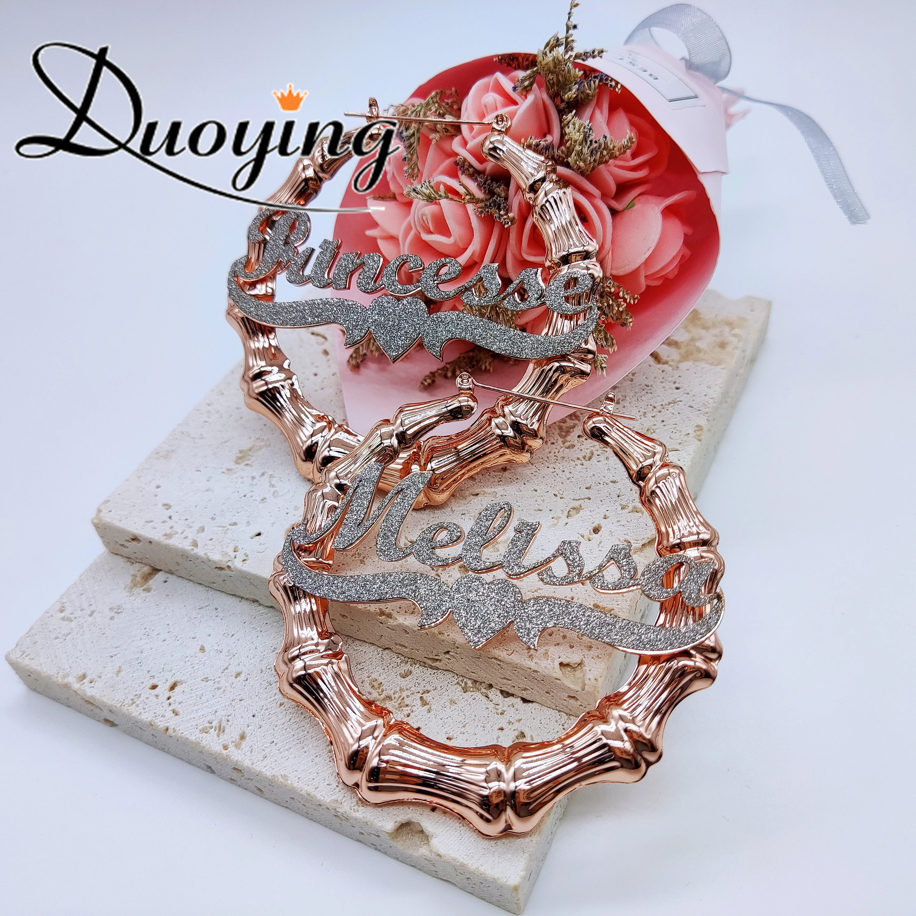 

DUOYING Custom Name Bamboo Earring Personlized Shiny Letters Nameplate Custom Colorful Necklace Jewelry Set For Women Cute Gift