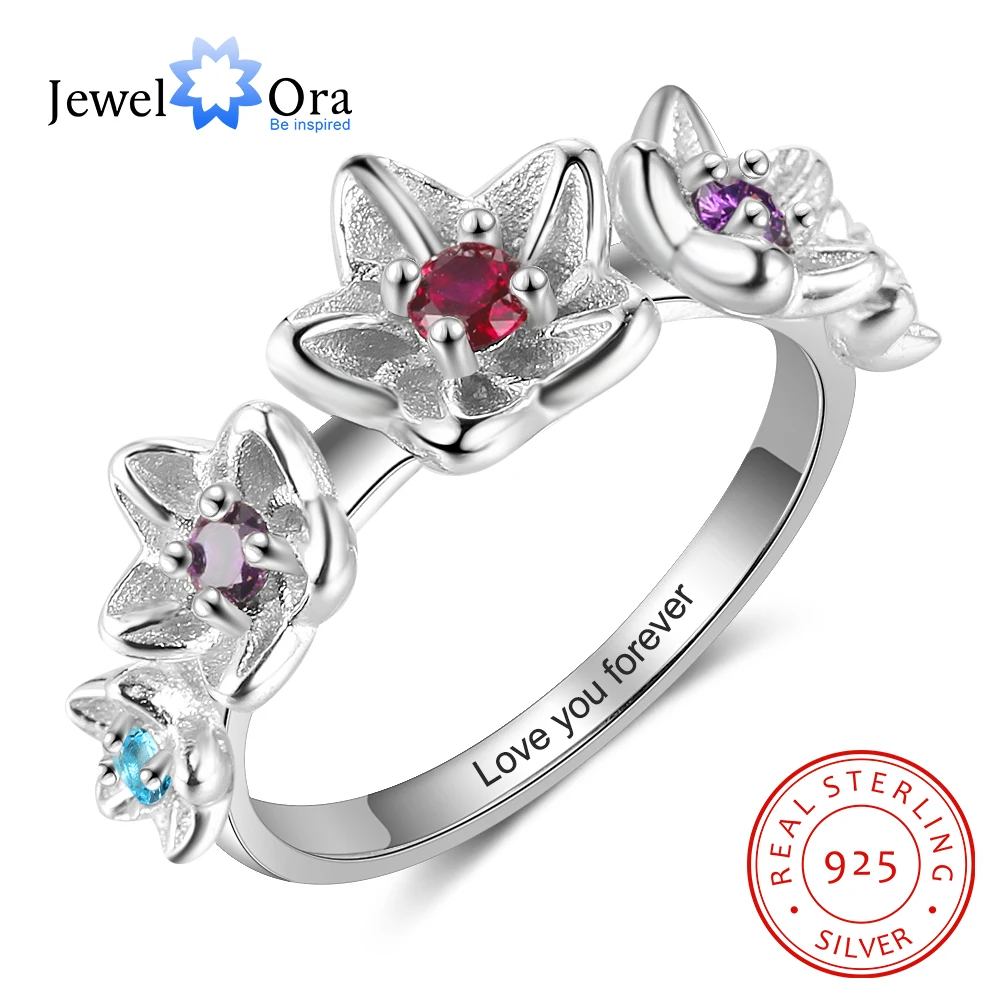 

JewelOra 925 Sterling Silver Personalized DIY Birthstone Rings for Women Inside Engraving Flower Ring Silver Fine Jewelry