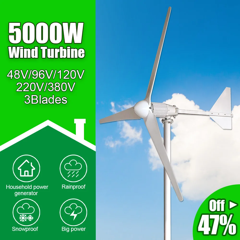 5000W Wind Turbine Generators 48V 96V 120V 220V Three Phase AC Output Windmill for Sale