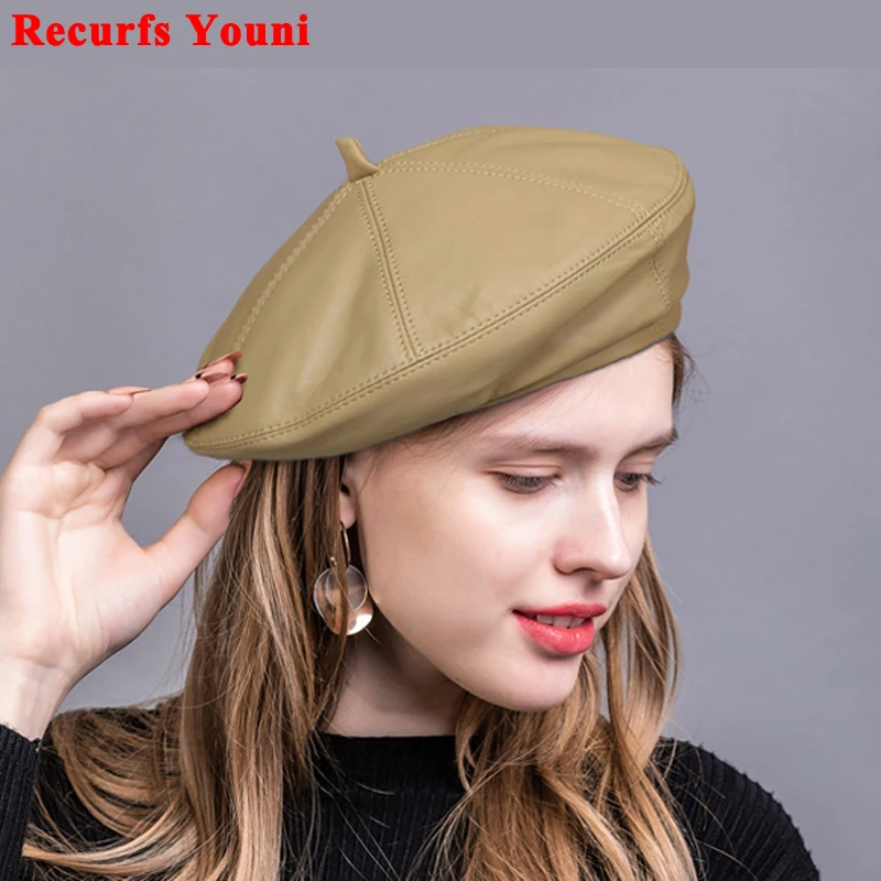 Fashion Lambskin Bonia Women Winter British Genuine Leather Painter Hat Female Retro Korean Octagonal Bonnet Pink/Khaki Beret