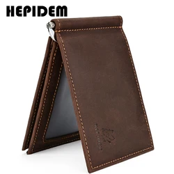 HEPIDEM-cartera triple de cuero genuino RFID para hombre, monedero de alta calidad con bolsillo frontal, 2021