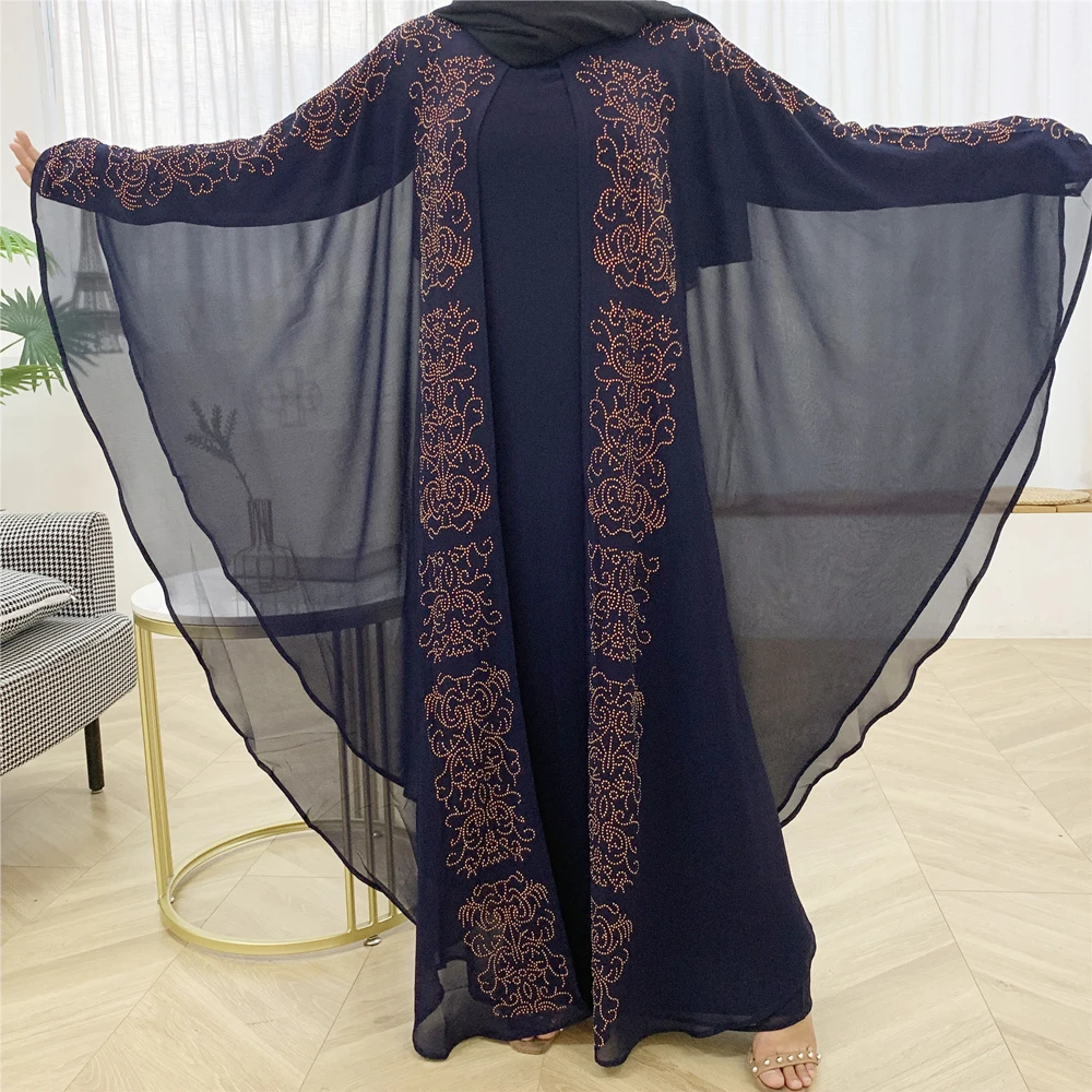 Abaya Rhinestone Batwing Sleeve Arab Robe Open Kimono Turkish Chiffon Muslim Women Maxi Robe Loose Bangladesh African Clothes