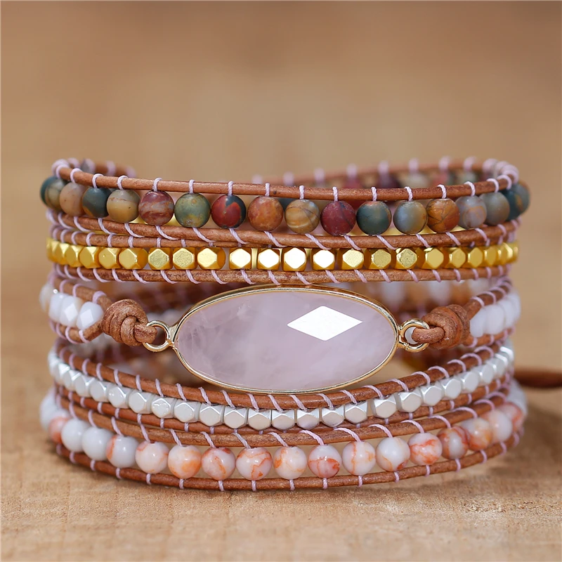 Exclusive Women Rose Quartz Charm 5 Times Beads Wrap Bracelet Leather Strap Multilayers Beadwork Bracelet Boho Jewelry Dropship