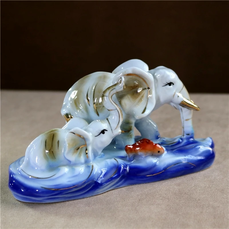 Creative Porcelain River Ferry Elephant Lovers Figurine Ceramic Migration Elephant Miniature Fish Decor Gift Craft Adornment