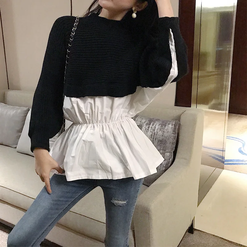 

Women New Pleated Hem Fake Two Piece Patchwork Knitting Sweater Korean Fashion Female Bottoming Batwing Sleeve Sweaters