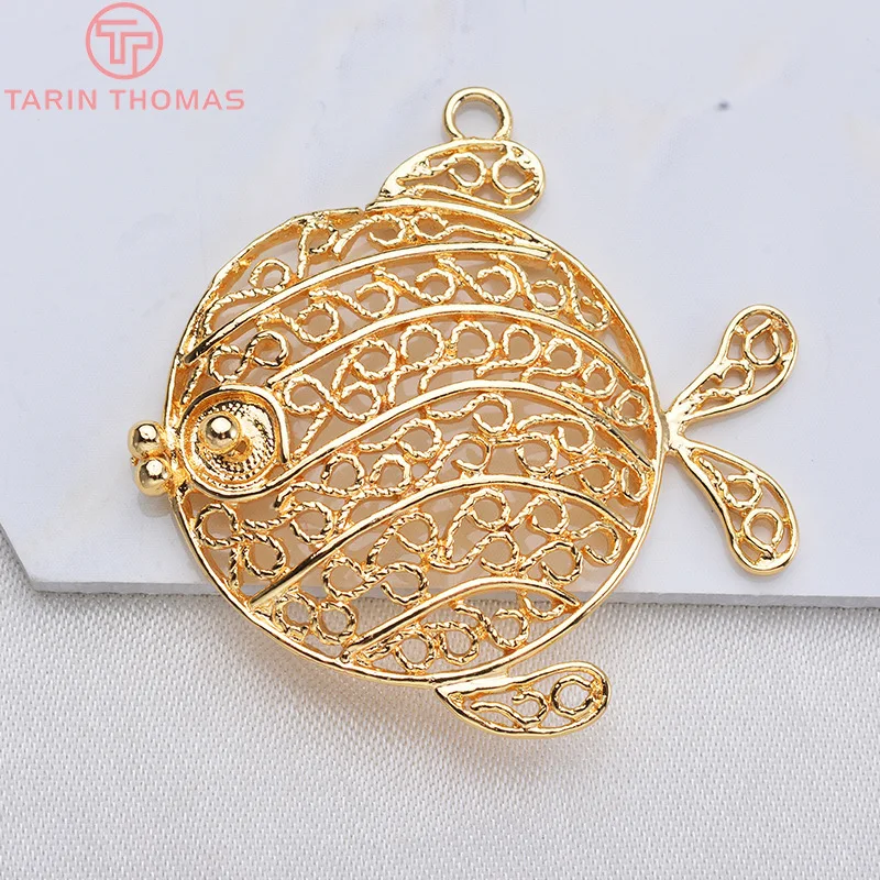 (1509)6PCS 34x34MM 24K Gold Color Plated Brass Hollow Twist Fish Charms Pendants High Quality DIY Jewelry Making Findings