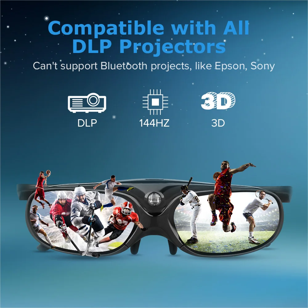 DLP Link 3D แว่นตา Active Shutter แว่นตาชาร์จแว่นตาแว่นตาวงกลมสําหรับ DLP 3D โปรเจคเตอร์