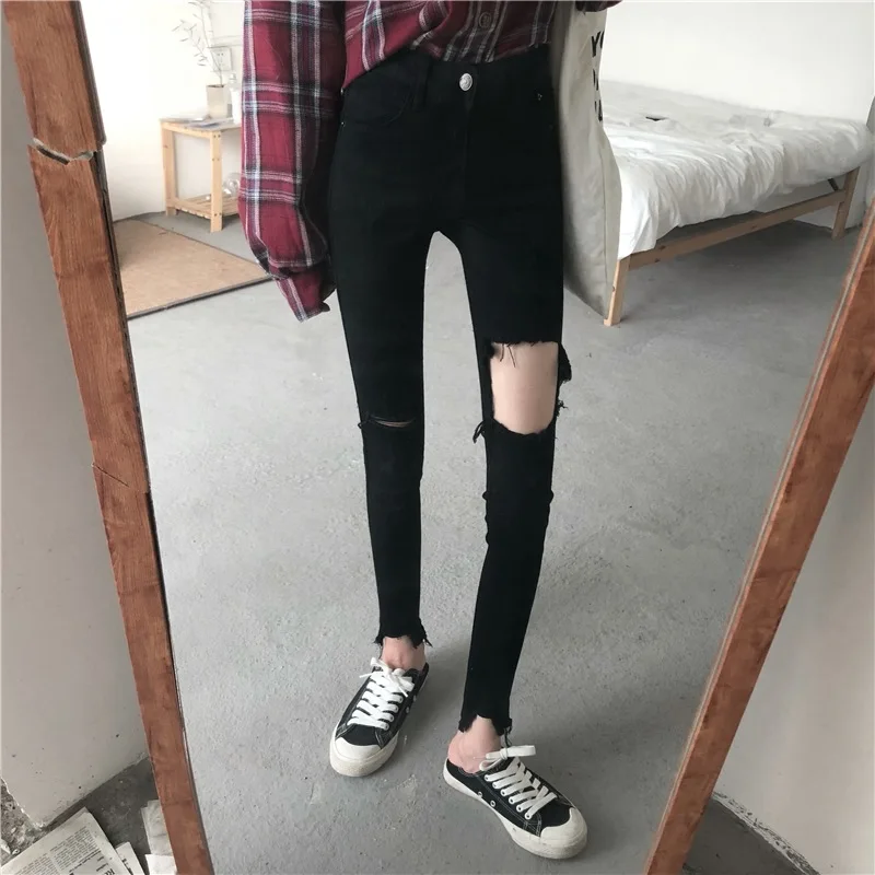 Spring Summer High Waist Skinny Denim Jeans Pants Women Ripped Hole Strechy Pencil Trousers Black Jeggings for female