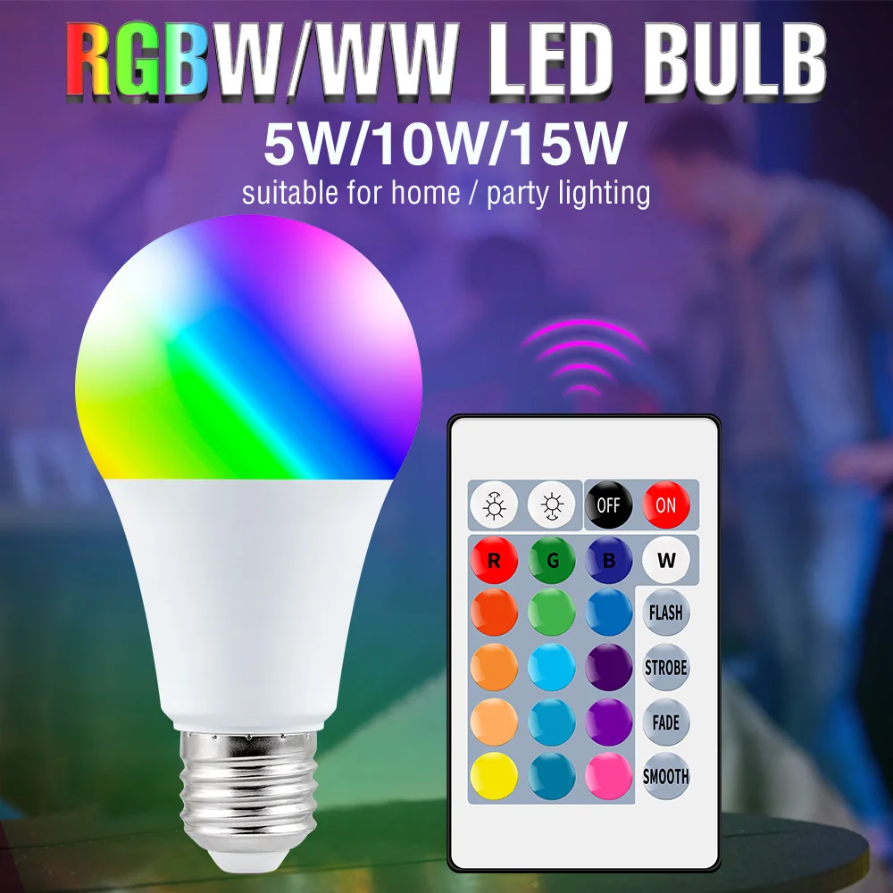 Colorful RGB Smart Light Bulb LED Lampada 220V Dimmable IR Remote Control Changeable Ampoule 15W 10W 5W E27 Indoor Lamp SMD 5050