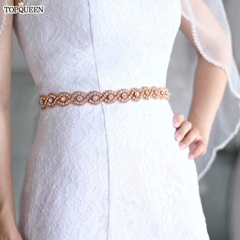 TOPQUEEN S28-RG Rose Gold Bridal Belt Rhinestone Women'S Sash Wedding Jewelry Shiny Female Maternity Waist Dress Appliques