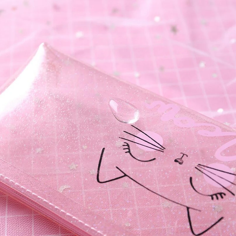 Estuche transparente de PVC para niña, estuche de lápices de gato Kawaii, rosa, suministros escolares, bolsa de papelería, caja de lápices bonita,