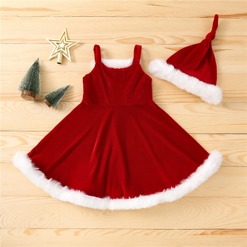 Christmas Baby Girls Velvet Stitchinge Dress Solid Square Collar Suspender Skirt Party Pageant Santa Dresses with Hat, 18M-6Y