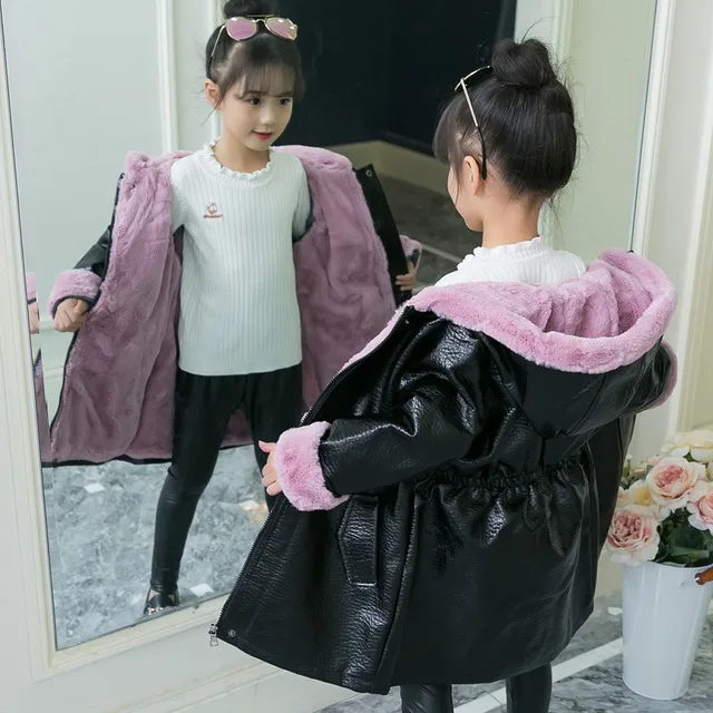 Girls Velvet PU Leather Coat Fall Winter Foreign Style Girls Mid-Long Fuzzed Thickened Leather Jacket Kids Hooded Outerwear P227