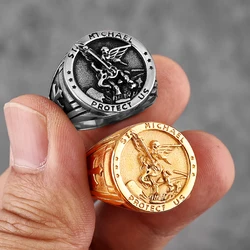 Archangel Saint Michael Exorcism Stainless Steel Mens Rings Punk Amulet for Male Boyfriend Jewelry Creativity Gift Wholesale