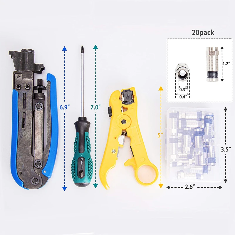 Комплект коаксиальных кабелей для обма, жировой инструмент для сжатия, регулируемый RG6 RG59 RG11 75-5 75-7, устройство для зачистки коаксиального кабеля с 20 разъемами F