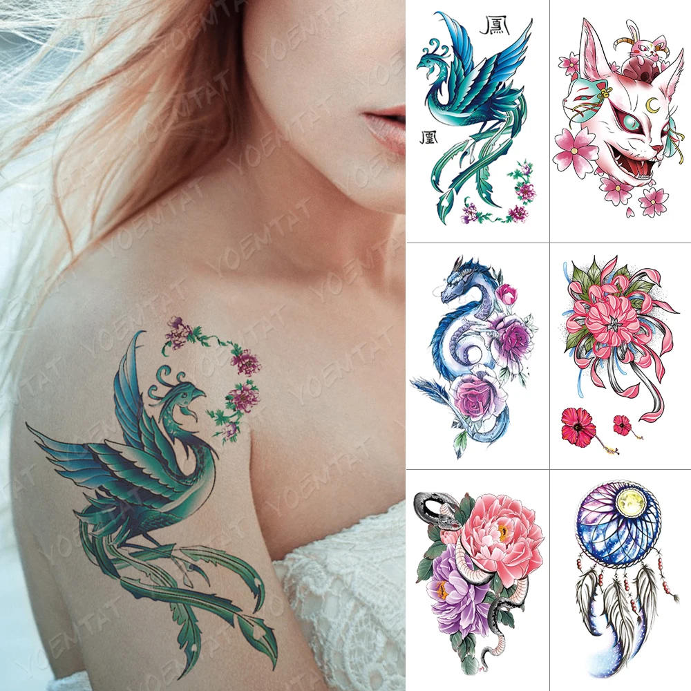 Waterproof Temporary Tattoo Sticker Phoenix Cat Dragon Flash Tattoos Snake Peony Lotus Body Art Arm Fake Tatoo Women Men