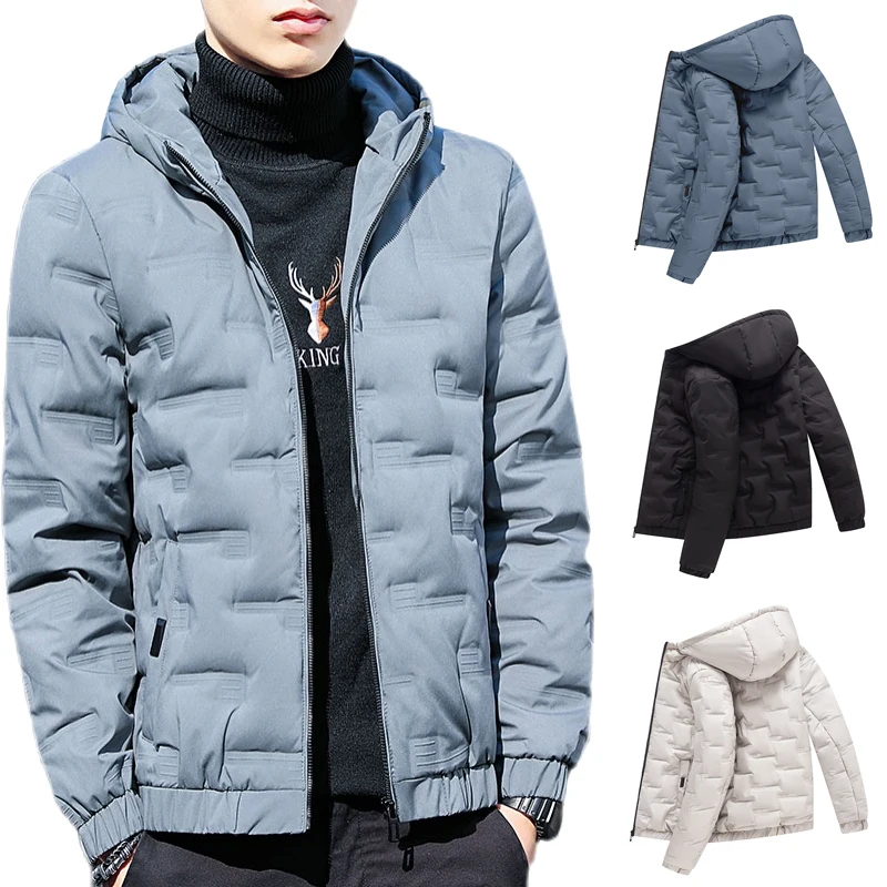 2022 new men's warm jacket fashion  winter hooded thick cotton jacket pure color casual jacket