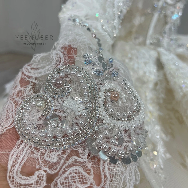 Yeenueer White Wedding Dress With Champagne Lace Full Beading Bridal Dress