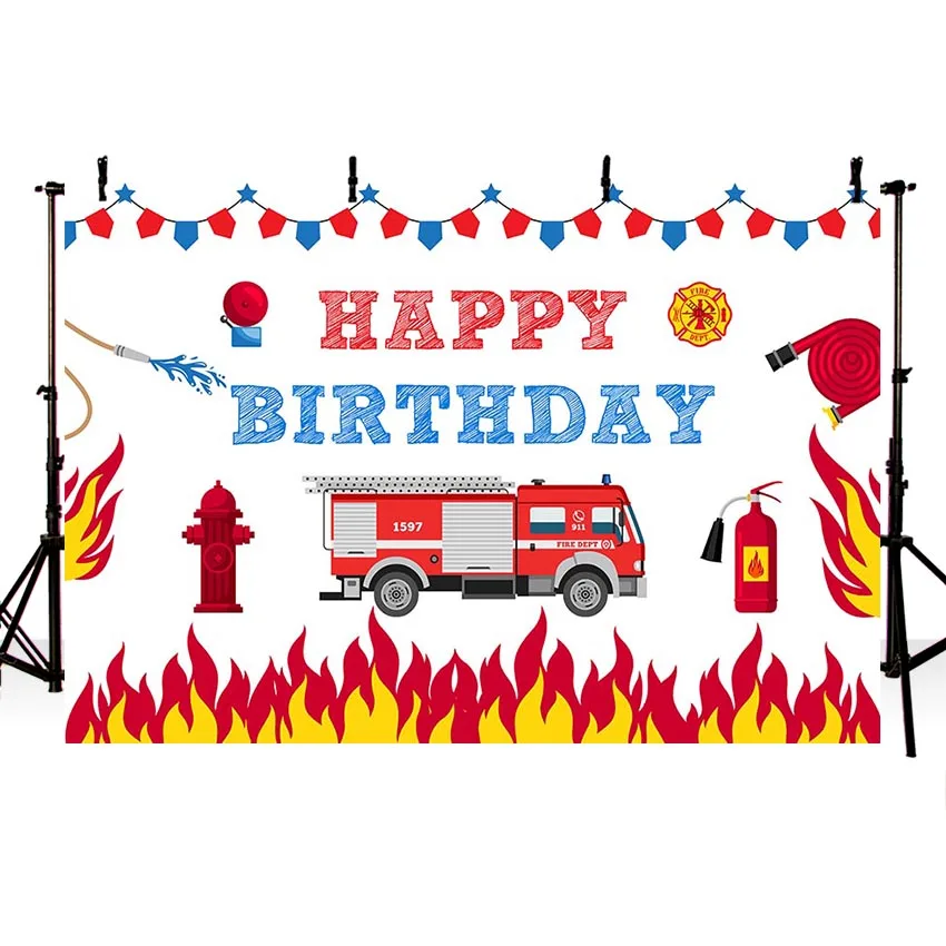 Photography Background Firetruck Party Fireman Fire Truck Backdrop Boy Birthday Decor Photocall Backdrop Photo Studio Photo Prop