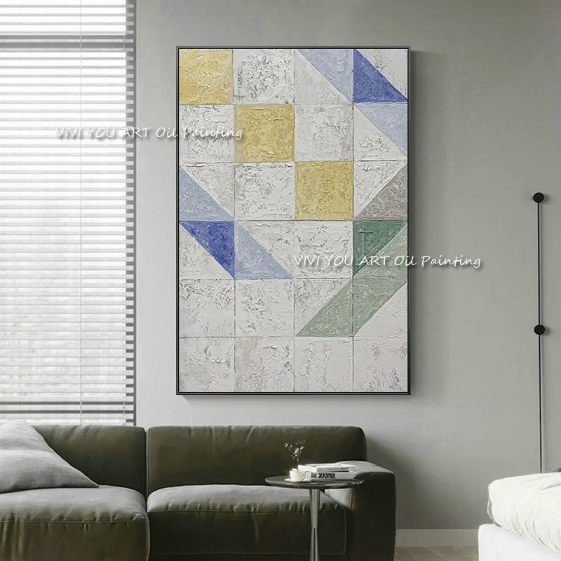 Mid‑Century Wall Accent, Textured Palette‑Knife Color Block Mosaic, Hand‑Made Modern Geometric Art For Soft‑Toned Home Decor