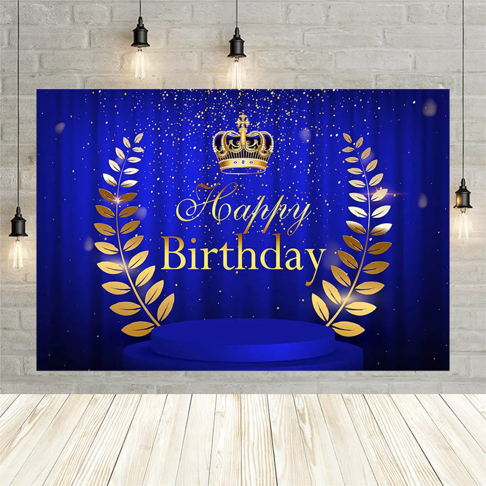 Avezano Happy Birthday Backdrop Royal Boy Blue Curtain Gold Crown Olive Branch Prince Photography Background For Photo Studio