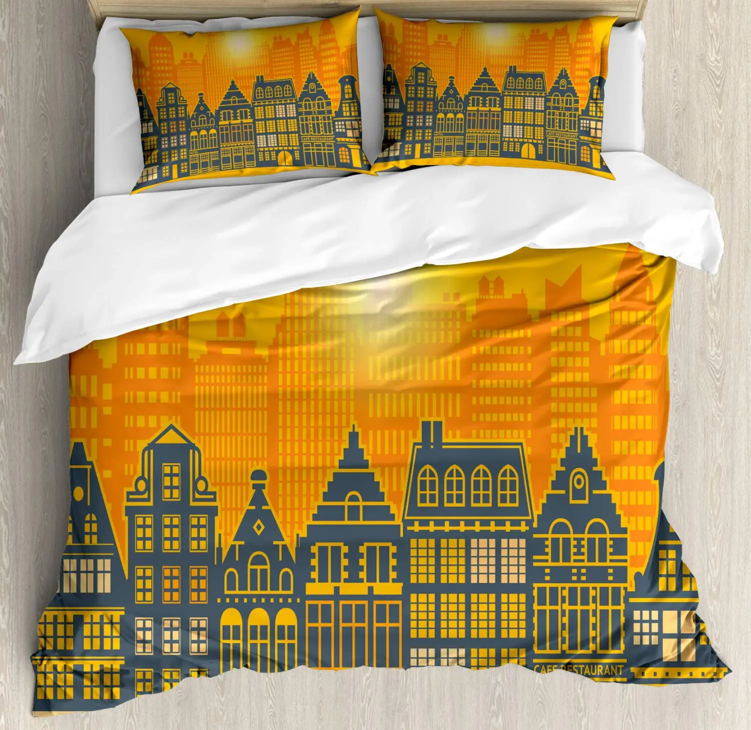 

Amsterdam Duvet Cover Set Urban Lifestyle Illustrated Artistically 3 Piece Bedding Set Earth Yellow Slate Blue Burnt Sienna Past