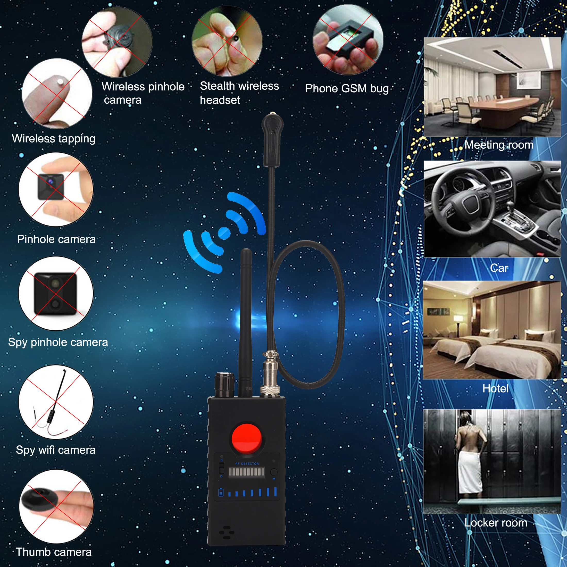Cámara antiespía para detectar insectos, Detector de señal RF inalámbrico, lente de seguimiento GPS, buscador de dispositivos GSM de alta sensibilidad, escáner láser RAnadio
