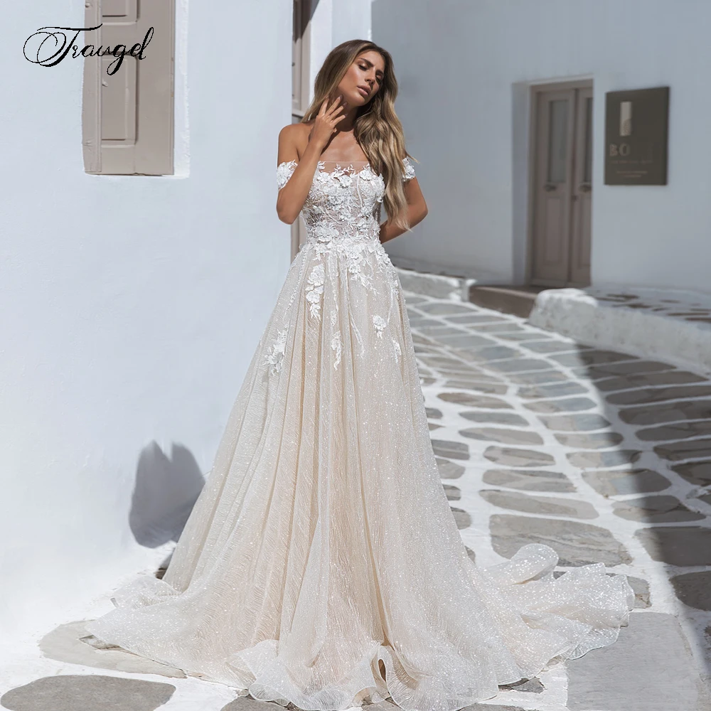 Traugel A-Line Princess Wedding Dresses Boat-Neck Off The Shoulder Vestido De Novia Lace Appliques Beaded Robe De Mariee