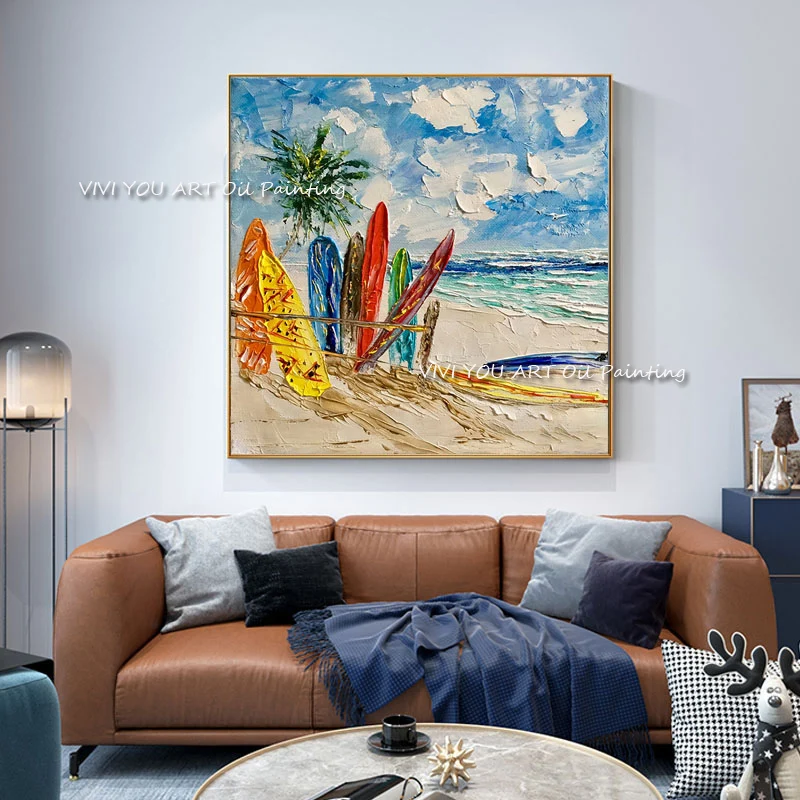 Abstract oil painting  sand beach sailboat Handmade picture wall decor for living room indoor home decoration no framed