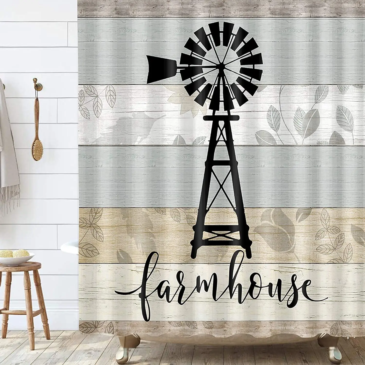 Farmhouse Shower Curtain Black Windmill Grey Vintage Rustic Wooden Plank Botanical Leaf Bathroom Curtains Fabric Decor Set