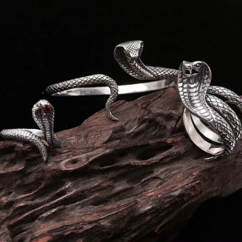 New s925 pure silver jewelry domineering personality cobra king bracelet / ring exaggerated personality men and women jewelry