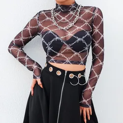 Mesh Tee Shirt Femme Sexy Long Sleeve Crop Top Chain Print T Shirt Women Streetwear Vintage Fishnet top T-shirt New Arrival