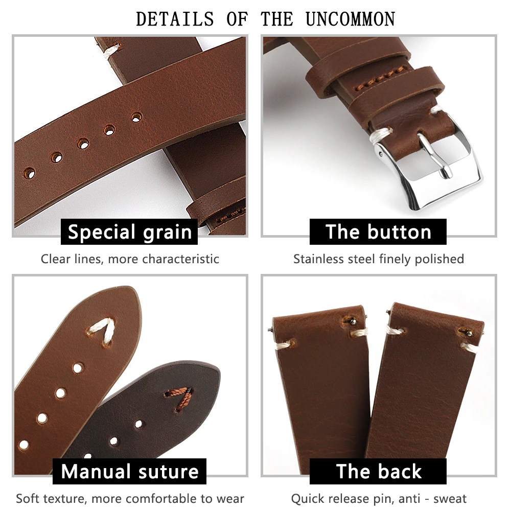 Retro Genuine Leather Watchband 18mm 20mm 22mm Black Coffee Brown Handmade Stitching Watch Strap Replacement Men Wristband