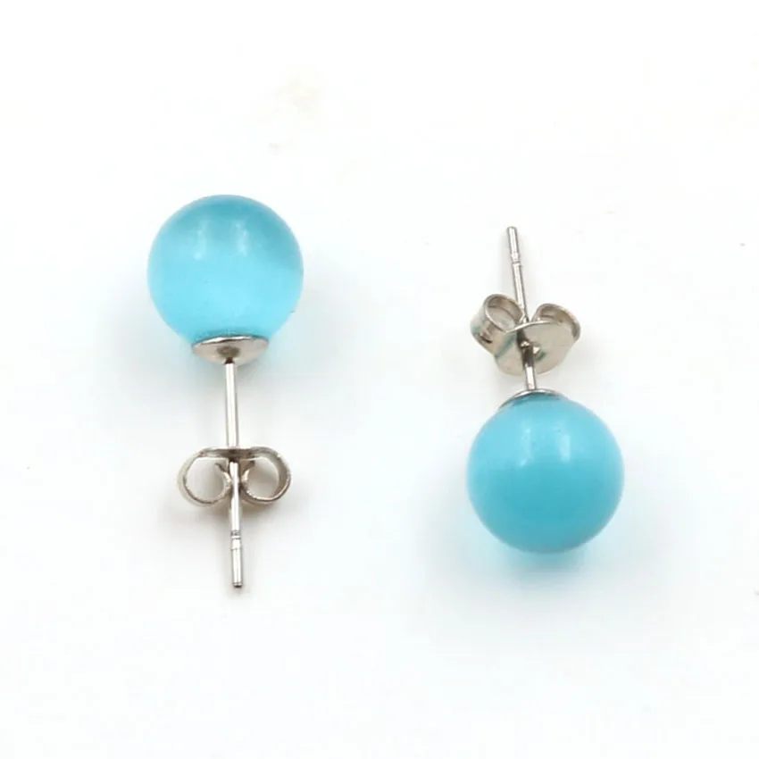 Blue Cat Eye Stone Round Beads Silver Plated Stud Earrings Golden Sand Stone Simple Style Jewelry