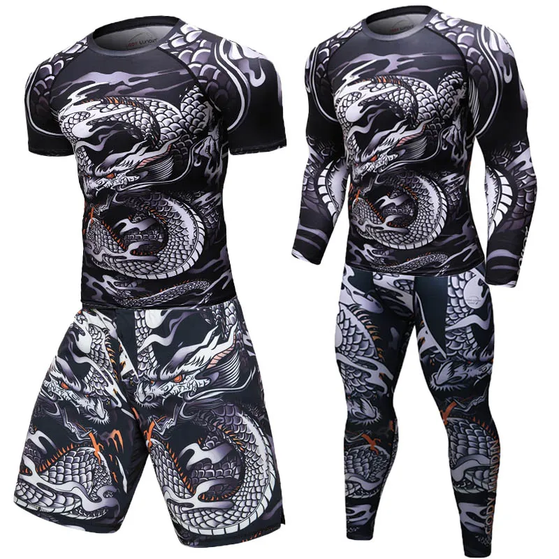 

4 Pcs/Set New GYM BJJ MMA Work Out Compression Rashguard T Shirt Men Exercise 3D Fitness Tights Bodybuild Cross Fit Rash Guard