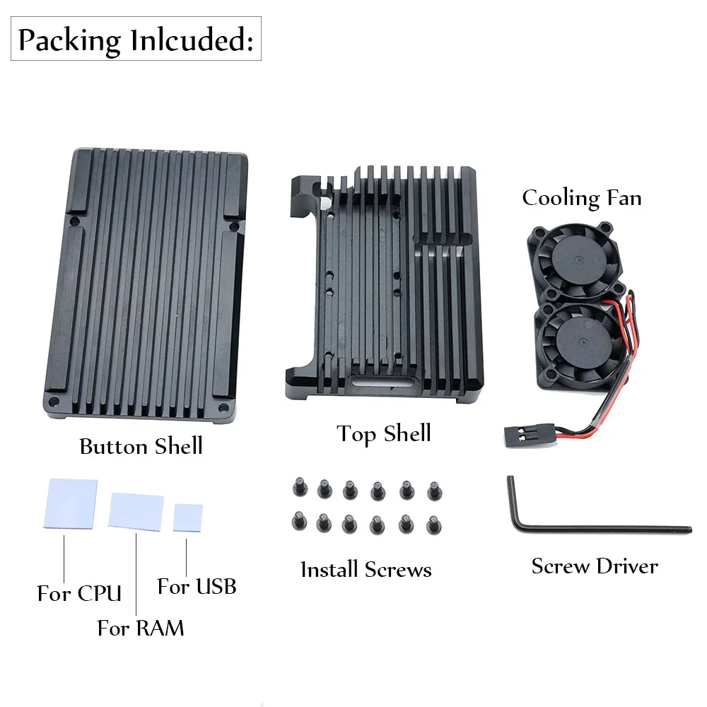 Raspberry Pi 4 Modell B Metall-Aluminiumgehäuse mit Dual-Lüfter-Kit, Lüfter + Kühlkörper-Set für Raspberry Pi 4, 4B, mehrfarbig