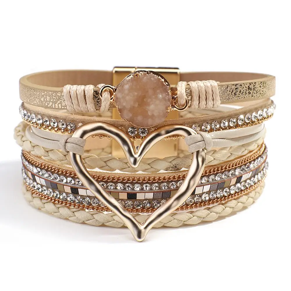 ALLYES Metal Love Heart Charm Leather Bracelet for Women Men Multilayer Rhinestone Resin Braided Wrap Bracelet Couple Jewelry