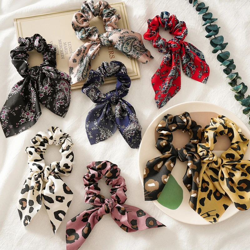 Kawaii Bunny Ears Scrunchies Leopard Rubber Hair Ties Cute Scrunchie Women Elastic Hair Bands Girls Animal Print Ponytail Holder