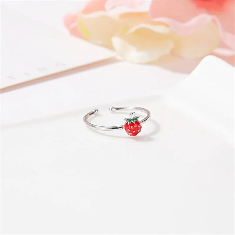 Hot Selling Fresh Freshness Girl Strawberry Open Ring Sweet Mori Articulation Ring Simple Literary Student Tail Ring Accessories