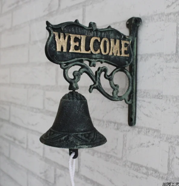 Heavy Duty Cast Iron Wall Hanging Bell Welcome Sign - Decorative Vintage Green Flower Vine Manually Shaking Doorbell