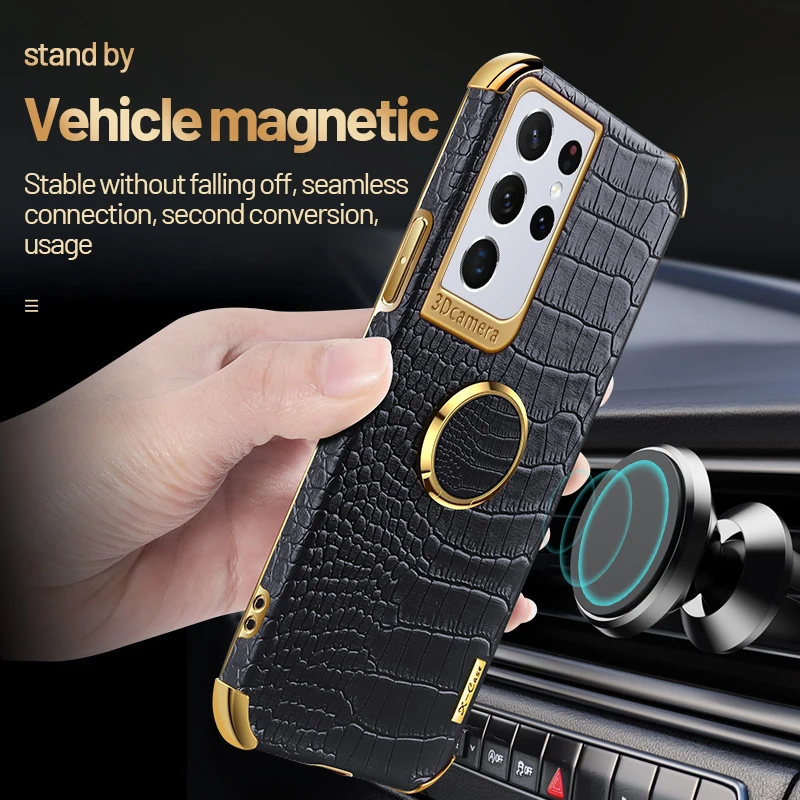 Luxury Magnetic Holder Leather Phone Case For Samsung Galaxy S24 S23 S22 S21 S20 FE S10 Note 20 10 Plus Plating Ring Stand Cover